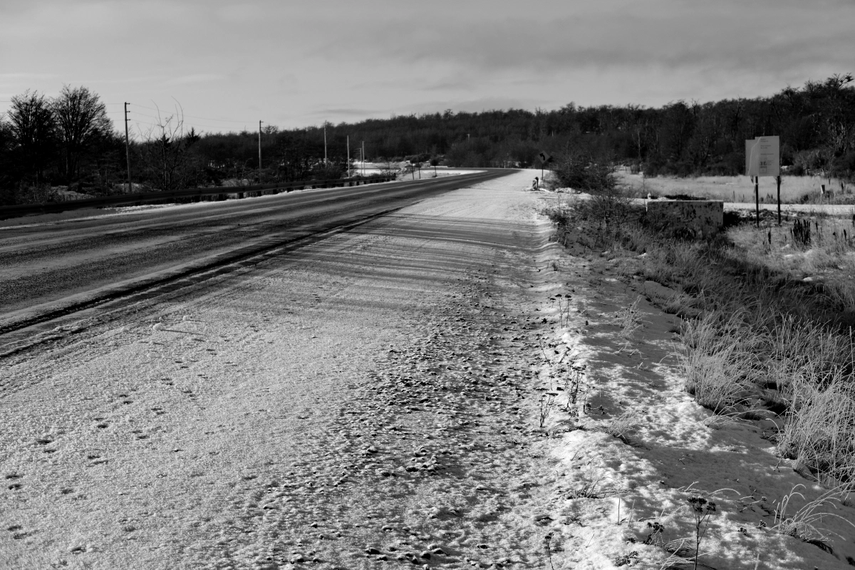 Some parts of the road were still covered with snow, making them icy and a danger to drive through