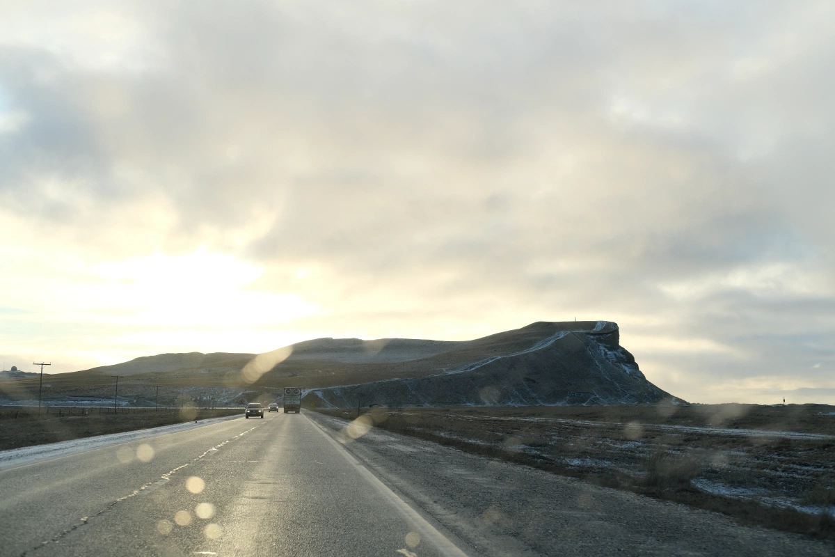 When the scenery isn't flat and vast, it's a high cliff with a private road on it