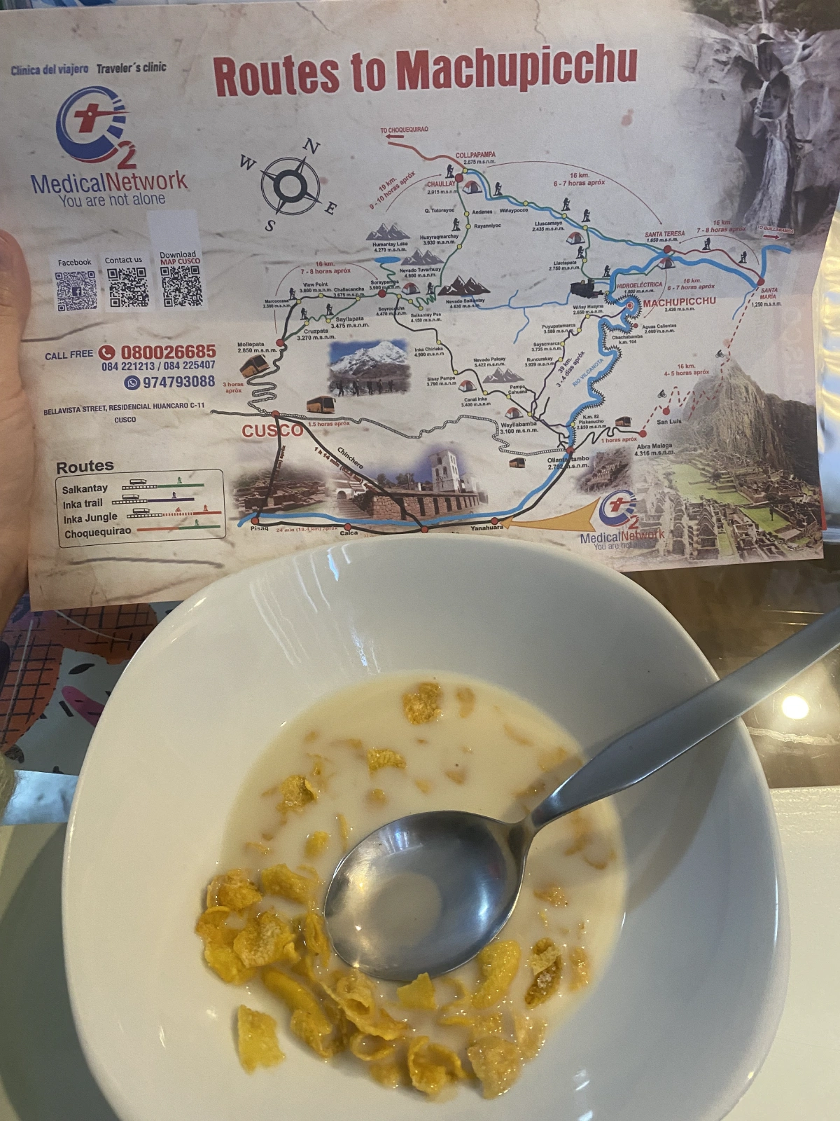After a few days of getting used to the elevation, and drinking coca tea, it's finally the day of our hike up Machu Picchu. I am reviewing the how the routes will actually be eating my breakfast