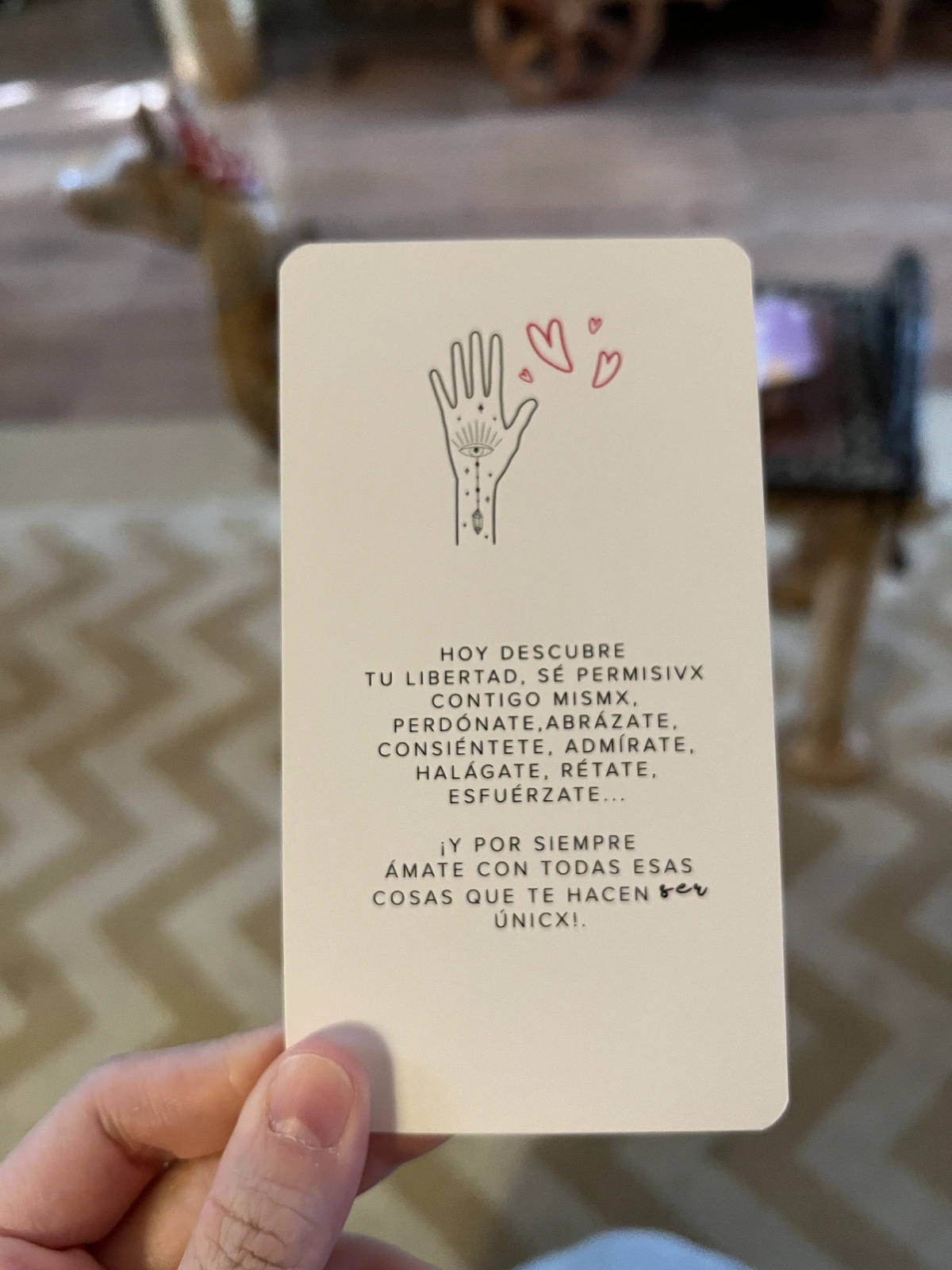 I had a massage and this was my fortune. It says - Today discover your freedom, be allowed with yourself, forgive yourself, hug yourself. Admire yourself, flatter yourself, challenge yourself, strive. And forever love yourself with all those things that make you.