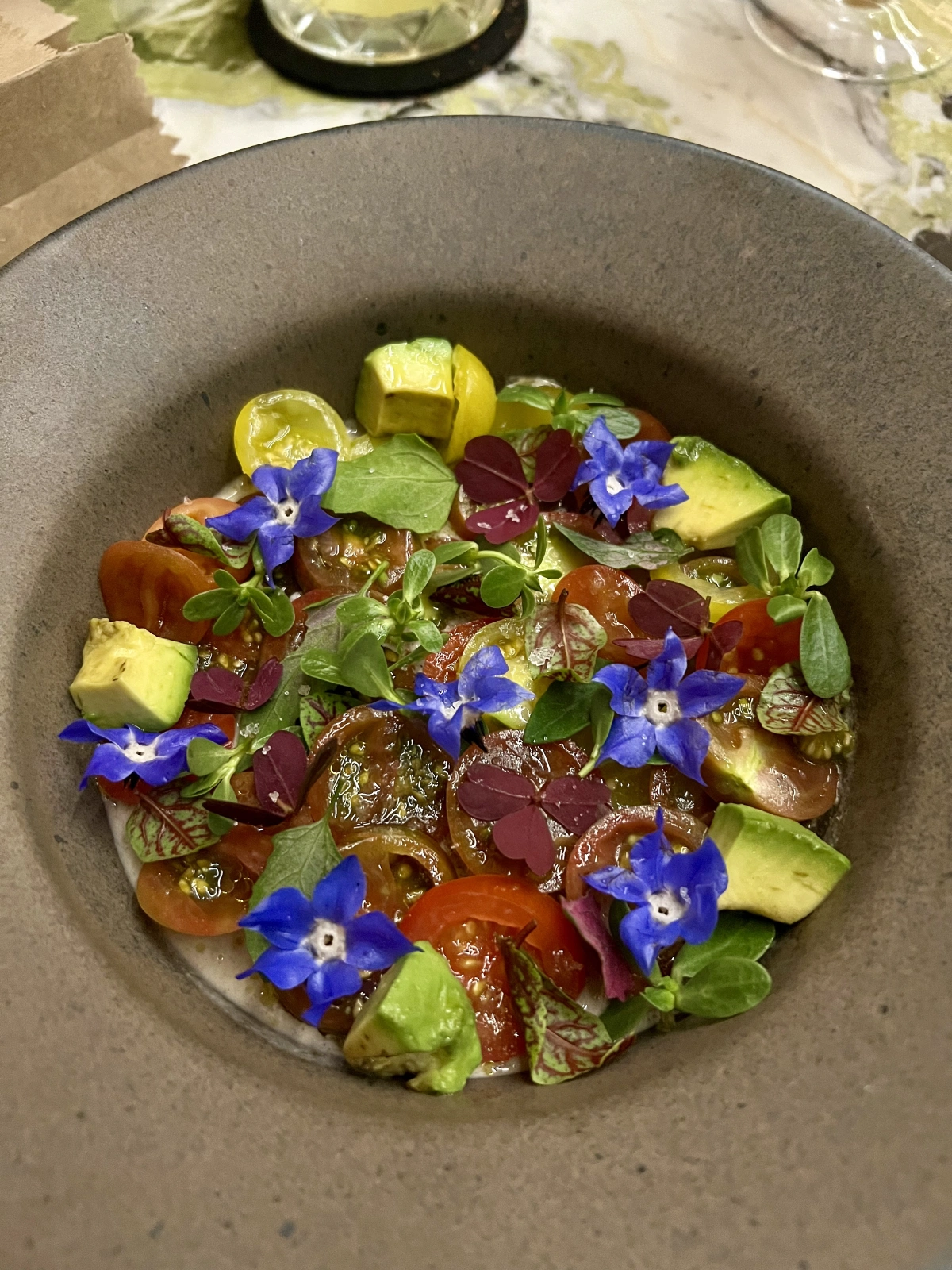 Smoked heirloom tomatoes, avocado, quesillo dressing WITHOUT THE GRASSHOPPERS, Oaxacan herbs. 